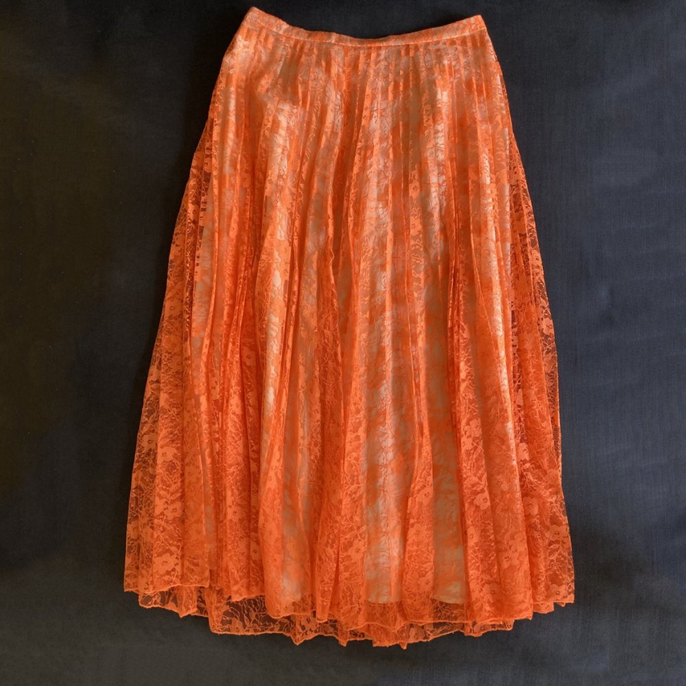 Neon orange pleated lace midi skirt